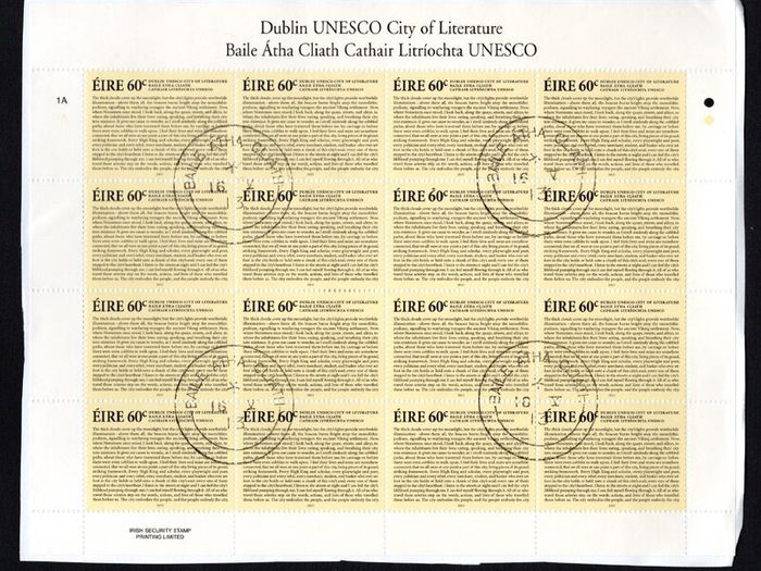 2013 Ireland Dublin - Unesco City of Work Literature Commemorative Stamp Sheetlet Plate 1A1A Fine Used with Dublin cancel of 16th May 2013 (First day of issue) on envelope extract