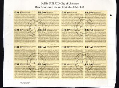 2013 Ireland Dublin - Unesco City of Work Literature Commemorative Stamp Sheetlet Plate 1A1A Fine Used with Dublin cancel of 16th May 2013 (First day of issue) on envelope extract