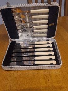 Vintage Sheffield silver Fish Cutlery Set W/ Faux Bone Handles