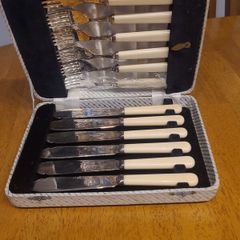 Vintage Sheffield silver Fish Cutlery Set W/ Faux Bone Handles