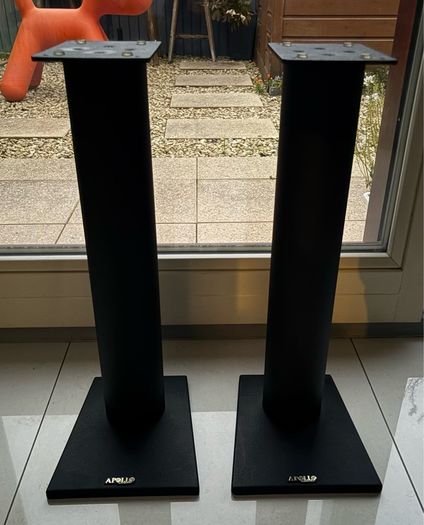 Attractive classic ballast fillable Apollo A24 steel speaker stands. In excellent rust-free condition. Featuring striking thick cylindrical column with a black textured finish. Rare in this condition.
