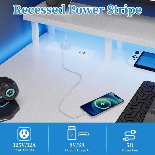 L Shaped Desk with LED Lights & Power Outlets, 100 cm Gaming Desk with 2 Shelves, Computer Table with Monitor Stand