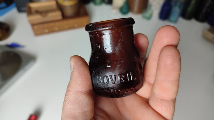 143 - Set of 4 Vintage 2oz Bovril Dark Brown Glass Embossed Letters Collectible Decorative Jars