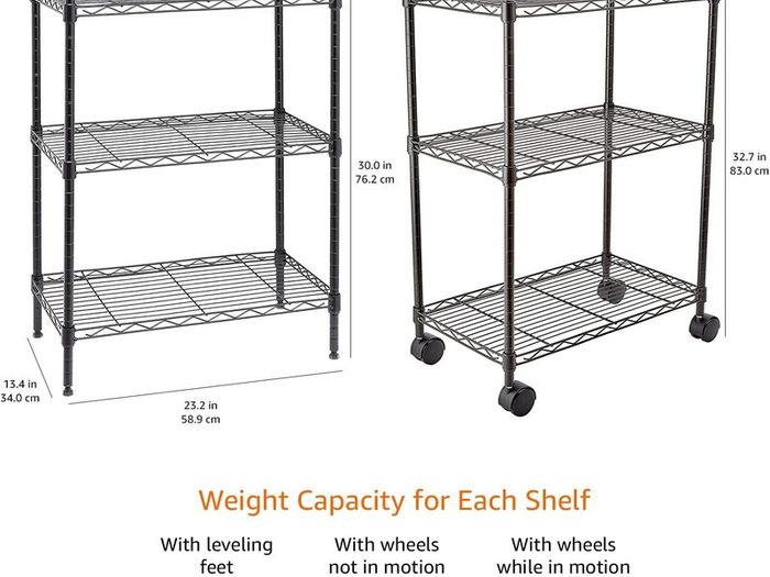 3-Shelf Storage Unit on Wheels with Height Adjustable Shelves and Adjustable Levelling Feet - 340kg Max Weight, Black