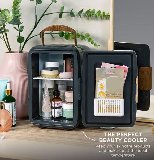 Mini Portable Cooler & Warmer for Drinks, Cosmetics/Makeup/Skincare, AC/DC Power, Scandi Style, Grey & Wood Effect, For Bedroom, Home, Caravan, Car