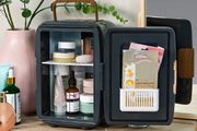 Mini Portable Cooler &amp; Warmer for Drinks, Cosmetics/Makeup/Skincare, AC/DC Power, Scandi Style, Grey &amp; Wood Effect, For Bedroom, Home, Caravan, Car