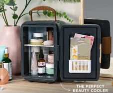 Mini Portable Cooler & Warmer for Drinks, Cosmetics/Makeup/Skincare, AC/DC Power, Scandi Style, Grey & Wood Effect, For Bedroom, Home, Caravan, Car