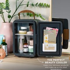 Mini Portable Cooler & Warmer for Drinks, Cosmetics/Makeup/Skincare, AC/DC Power, Scandi Style, Grey & Wood Effect, For Bedroom, Home, Caravan, Car