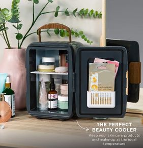Mini Portable Cooler & Warmer for Drinks, Cosmetics/Makeup/Skincare, AC/DC Power, Scandi Style, Grey & Wood Effect, For Bedroom, Home, Caravan, Car