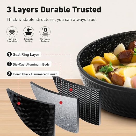 Kitchen Academy Non Stick Cookware, Pots Pans Sets with Lids 15PCS Black Induction Hob Pan Set, Saucepan Set, Granite Cookware, Nonstick Frying Pan, Cooking Pot Pancake Sets Non Toxic for All Hobs