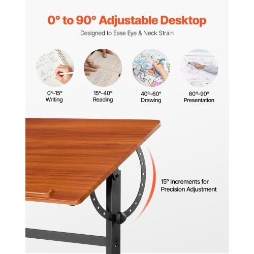 Drafting Table, Adjustable 0-90 Tilt Drawing Desk, Portable Artist Table with Black H-Frame and Brown Desktop