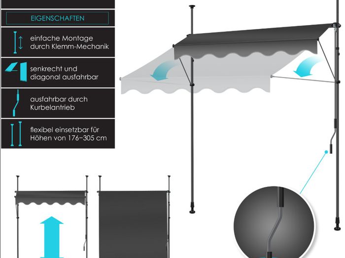 KESSER clamp awning with hand crank 3mtr, balcony awning without drilling, UV-resistant, height-adjustable, water-repellent, sun protection, patio roofing, easy installation