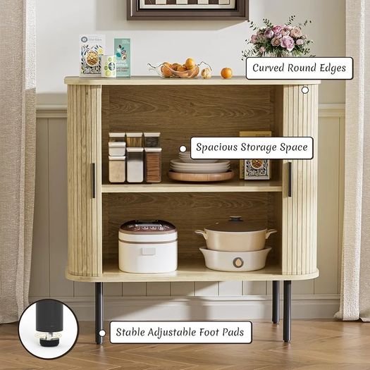 Sideboard, Buffet Storage Cabinet for Living Room, Kitchen Cupboard with Tambour Sliding Door, Storage Unit for Modern Home Dinning Room,Nature