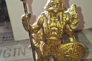 Large Vintage Toy Large Viking Warrior Statue, with a Horned Helmet, a round Shield, and a Spear