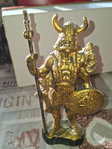 Large Vintage Toy Large Viking Warrior Statue, with a Horned Helmet, a round Shield, and a Spear