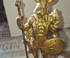 Large Vintage Toy Large Viking Warrior Statue, with a Horned Helmet, a round Shield, and a Spear