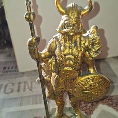 Large Vintage Toy Large Viking Warrior Statue, with a Horned Helmet, a round Shield, and a Spear