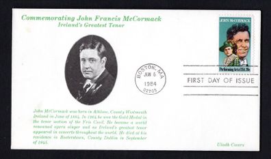 1984 USA Birth Centenary of Count John McCormack (joint issued with An Post) Commemorative Illustrated First Day Cover (FDC) by Uladh Cover
