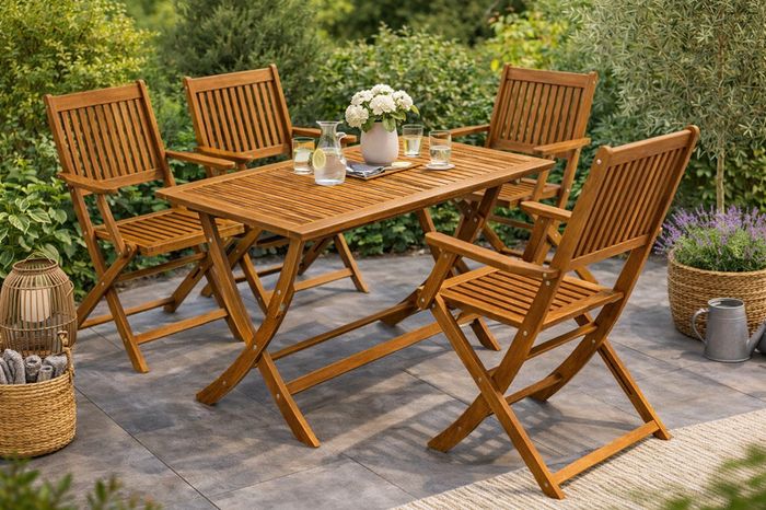 5 Piece Acacia Wood Garden Furniture Set Folding Table and 4 Chairs