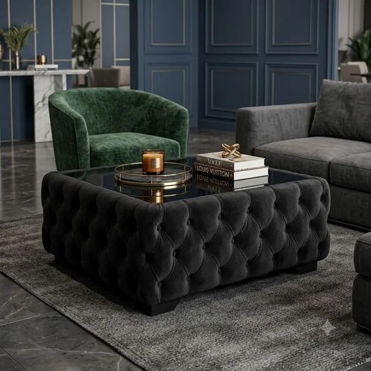 Chesterfield Coffee Table Velvet Rectangle 83x63x45cm with Glass