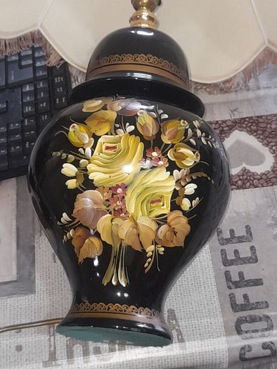 Beautiful Old Large Creamic Table Lamp  Hand Painted Floral Motifs Decorative Chinoiserie Inspired, and a Cream Colored Fabric Shade with Fringed Edging.