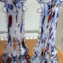 Set 2 Vintage Murano Tall Blue Carnival Confetti Vase With Ruffled Top, Hand Blown Blue Speckled Glass Vessel, Mid Century Italian Vase Image 5