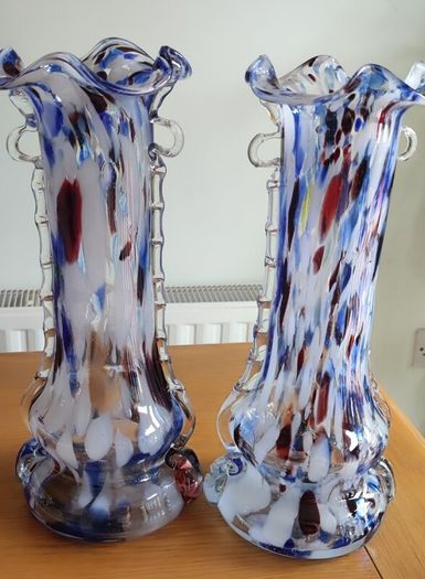 Set 2 Vintage Murano Tall Blue Carnival Confetti Vase With Ruffled Top, Hand Blown Blue Speckled Glass Vessel, Mid Century Italian Vase