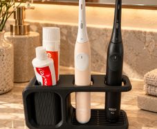 3D Printed Electric Toothbrush Holder, Black Bathroom Organiser, 2 Toothbrushes & Toothpaste