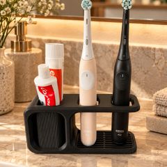 3D Printed Electric Toothbrush Holder, Black Bathroom Organiser, 2 Toothbrushes & Toothpaste