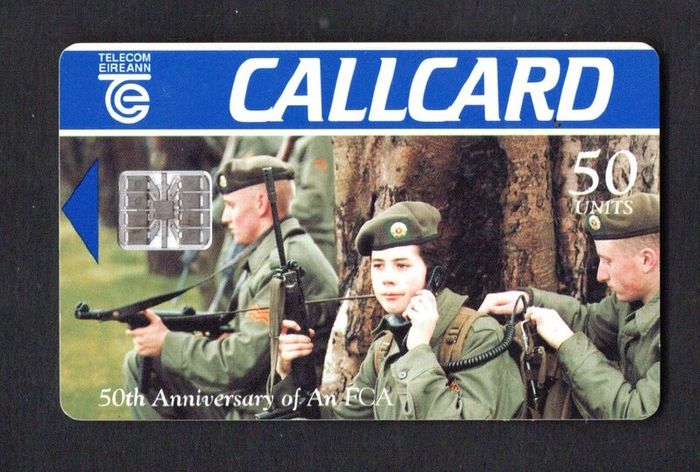 1996 Ireland 50 unit 50th anniversary of An Forsa Cosanta Aitiuil (An F.C.A), the 2nd line reserve of the Defense Forces (Schlumberger SC7) Call Card Used