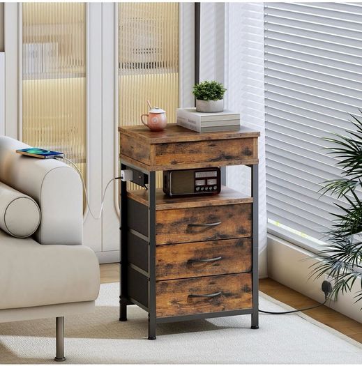 Bedside Table with Charging Station, Side Table with 4 Drawers, 2 AC Outlets, 1 USB-A, 1 Type-C, Nightstand for Bedroom, Living Room, Rustic Brown and Black