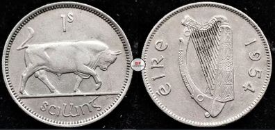 Ireland 1954 | Irish 1s | One Shilling | Bull | KM.14a | High Grade