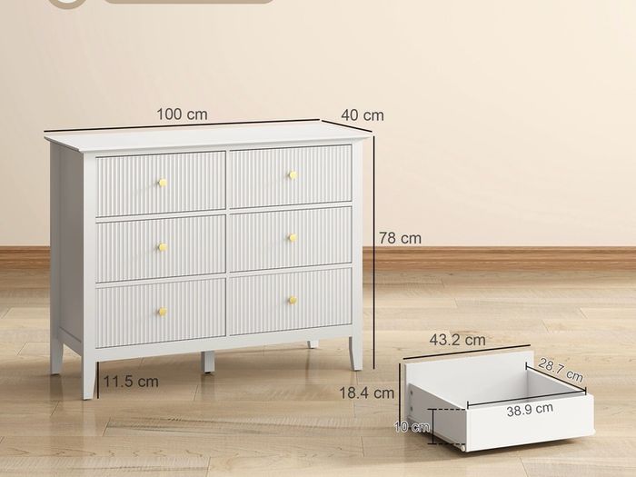Fluted Dresser, 6 Drawer Chest of Drawers for Bedroom, Living Room, Hallway, Closet, White