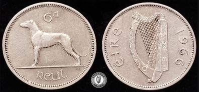[#435] - Ireland 1966 | 6 Pence | Wolfhound | KM.13a