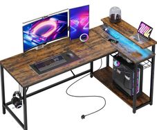 147CM L-Shaped Desk with Power Outlets & LED Lights