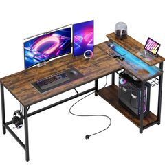 147CM L-Shaped Desk with Power Outlets & LED Lights
