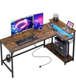 147CM L-Shaped Desk with Power Outlets & LED Lights