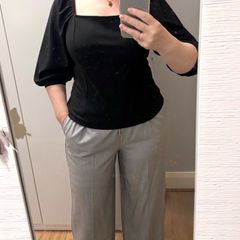 Black Square Neck Puff Sleeve Top - Size L