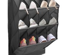 12 Pockets Hanging Shoe Rack, 600D Oxford Heavy Duty Sturdy with 3 Hooks, Large Storage Deep Pocket, Space Saving Overdoor Organiser for Shoes, Toys, Hats and More Gray
