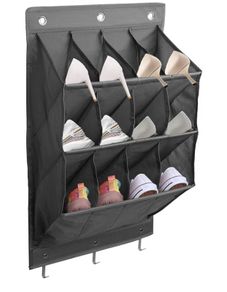 12 Pockets Hanging Shoe Rack, 600D Oxford Heavy Duty Sturdy with 3 Hooks, Large Storage Deep Pocket, Space Saving Overdoor Organiser for Shoes, Toys, Hats and More Gray