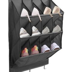 12 Pockets Hanging Shoe Rack, 600D Oxford Heavy Duty Sturdy with 3 Hooks, Large Storage Deep Pocket, Space Saving Overdoor Organiser for Shoes, Toys, Hats and More Gray