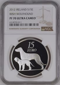 2012 Ireland Silver Proof 15 Euro Irish Wolfhound. Graded by NGC as PF70 Ultra Cameo