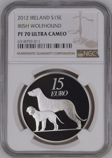 2012 Ireland Silver Proof 15 Euro Irish Wolfhound. Graded by NGC as PF70 Ultra Cameo