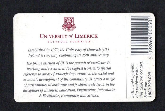 1998 Ireland 50 unit 25th Anniversary of the University of Limerick (UL) (Schlumberger SC7) Call Card Used