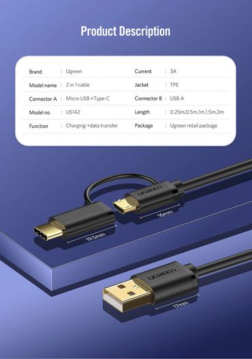 Ugreen 1M 2-in-1 (USB-C & Micro USB) QC 3.0 Fast Charger & Data Sync Gold Plated Cable (Brand New/Warranty)
