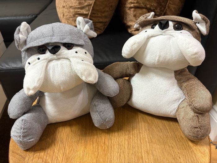 x2 Grey and Brown bulldog fabric door stopper filled with sand
