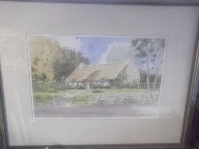 a large water colour painting of a irish cottage connemar  by tony lynch