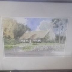 a large water colour painting of a irish cottage connemar  by tony lynch