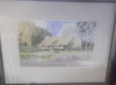 a large water colour painting of a irish cottage connemar  by tony lynch
