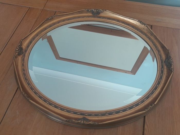 Vintage Ornate Gold Gilt Wood Oval Mirror. Bevelled Glass. 50cm x 60cm